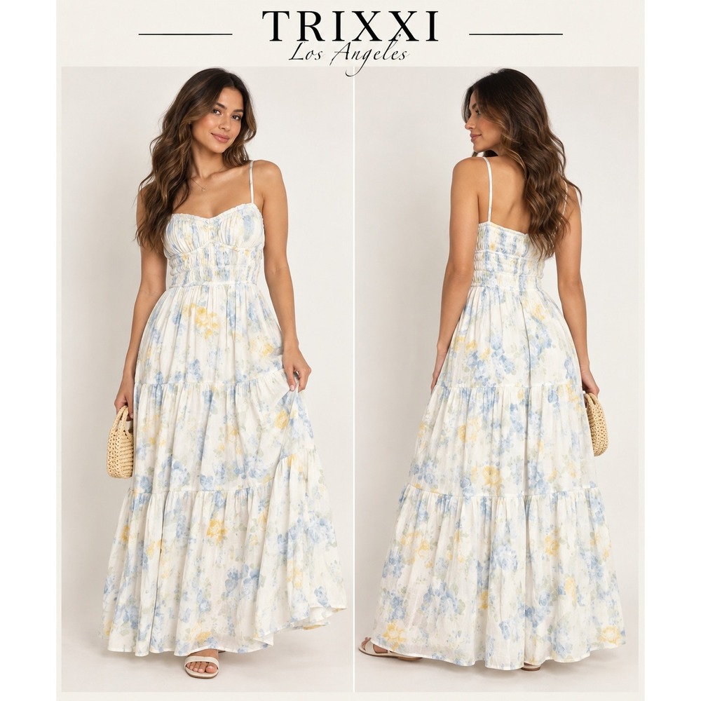 Trixxi Los Angeles Floral Tiered Maxi Dress Medium Blue Yellow Smocked Boho